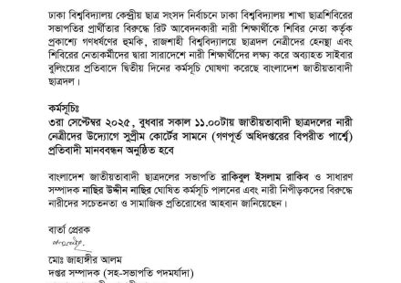 অব্যাহত নারী নিপীড়নের প্রতিবাদে জাতীয়তাবাদী ছাত্রদলের কর্মসূচি ঘোষণা
